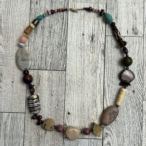 Chunky Stone & Glass Bead Statement Necklace 21” - Picture 1 of 5